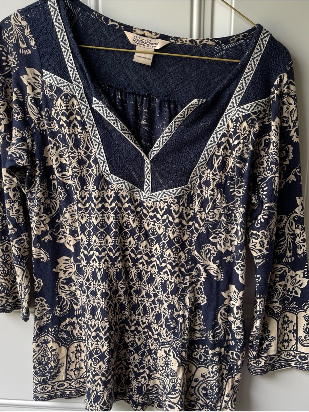 Lucky Brand Navy and Cream Printed V-Neck Tunic